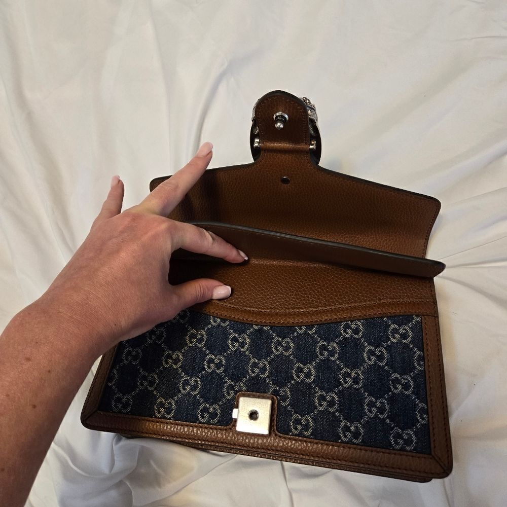 GUCCI Dionysus GG Denim Shoulder Bag Blue Brown Shoulder Chain - Picture 15 of 16